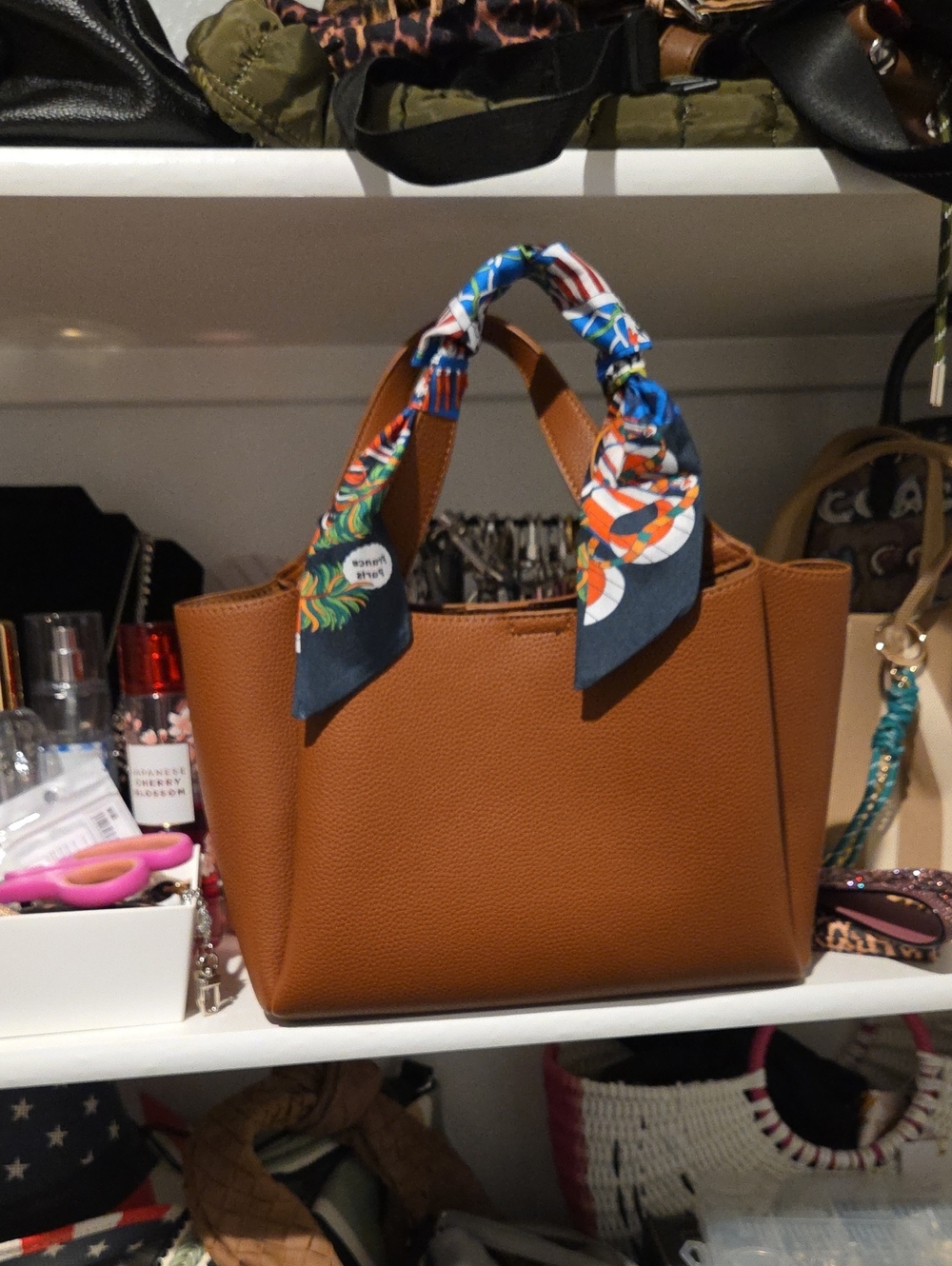 Classic Brown Leatherette Tote Satchel Scarf Handle